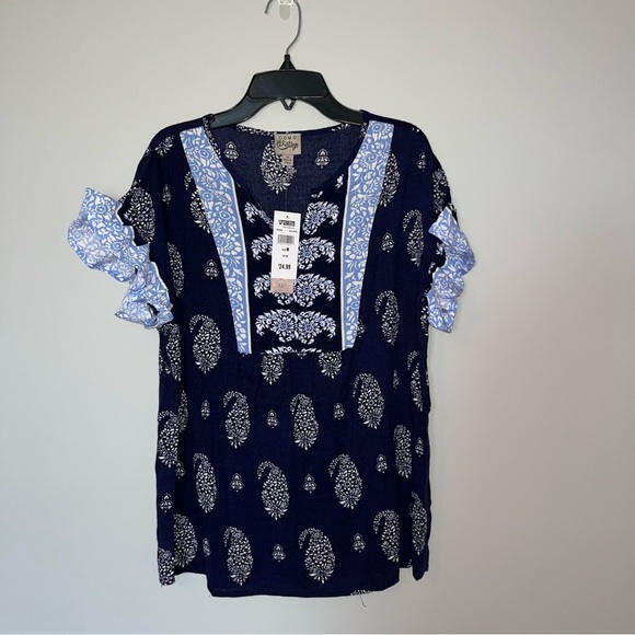 Como Vintage Tops - NEW Navy Blue Paisley Blouse with Ruffle Sleeves Women’s Medium